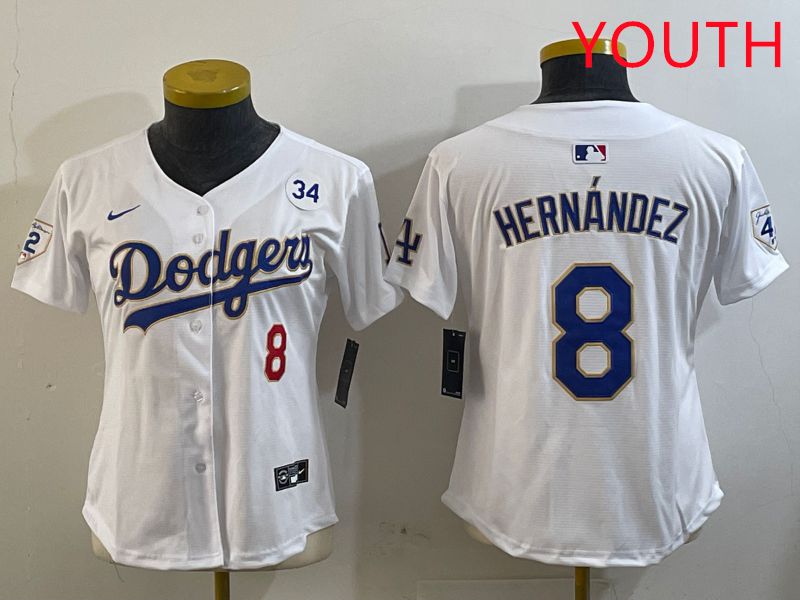 Youth Los Angeles Dodgers 8 Hernandez White Gold Game 2025 Nike MLB Jersey style 3